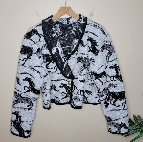 Vintage Joyce Onarheim Boe | Black & White Horse Tapestry Jacket Small/Medium - Picture 1 of 5